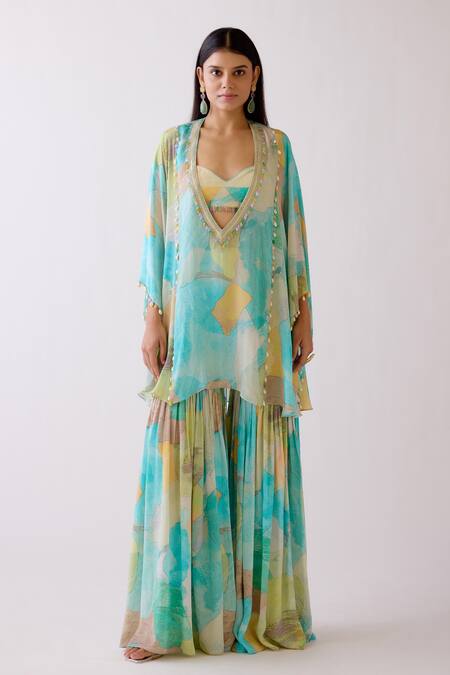 Basanti - Kapde Aur Koffee Blue Crepe Beads Plunge Neck Abstract Pattern Kaftan And Sharara Set at Aza Fashions Basanti - Kapde Aur Koffee_Blue Crepe Beads Plunge Neck Abstract Pattern Kaftan And Sharara Set_at_Aza_Fashions
