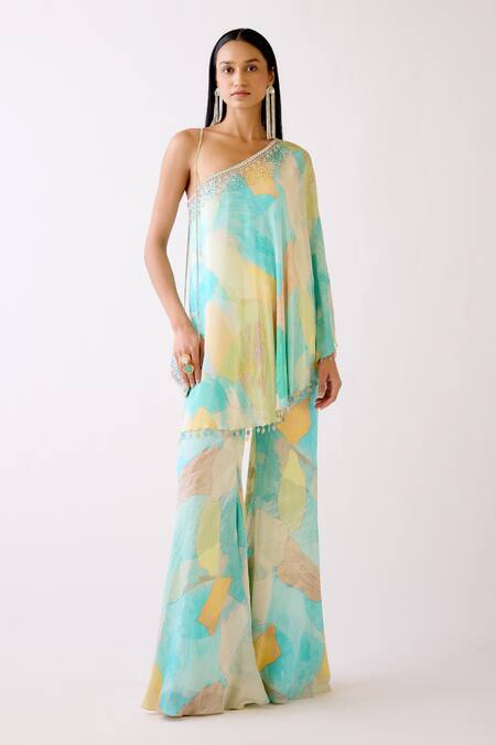 Basanti - Kapde Aur Koffee Blue Crepe Beads, Crystals Asymmetric Abstract Pattern Tunic With Sharara Online at Aza Fashions Basanti - Kapde Aur Koffee_Blue Crepe Beads, Crystals Asymmetric Abstract Pattern Tunic With Sharara _Online_at_Aza_Fashions