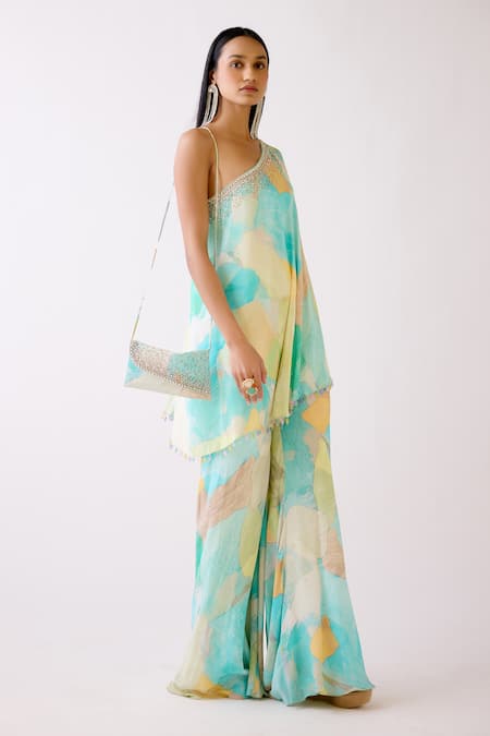 Buy Basanti - Kapde Aur Koffee Blue Crepe Beads, Crystals Asymmetric Abstract Pattern Tunic With Sharara Online at Aza Fashions Buy_Basanti - Kapde Aur Koffee_Blue Crepe Beads, Crystals Asymmetric Abstract Pattern Tunic With Sharara _Online_at_Aza_Fashions