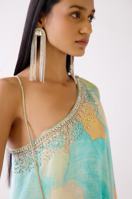 Shop Basanti - Kapde Aur Koffee Blue Crepe Beads, Crystals Asymmetric Abstract Pattern Tunic With Sharara Online at Aza Fashions Shop_Basanti - Kapde Aur Koffee_Blue Crepe Beads, Crystals Asymmetric Abstract Pattern Tunic With Sharara _Online_at_Aza_Fashions