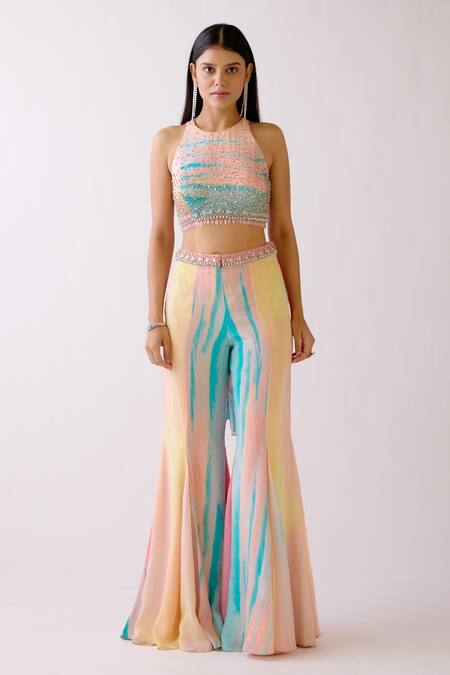 Basanti - Kapde Aur Koffee_Pink Crepe Beads, Stones, Crystals The Seaside Embroidered Blouse With Sharara_Online_at_Aza_Fashions