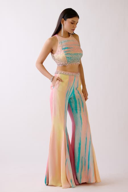 Buy_Basanti - Kapde Aur Koffee_Pink Crepe Beads, Stones, Crystals The Seaside Embroidered Blouse With Sharara_Online_at_Aza_Fashions