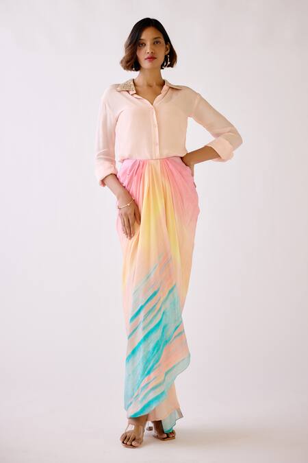 Basanti - Kapde Aur Koffee_Pink Crepe Sequins Collared Shirt With Ombre Draped Skirt_Online_at_Aza_Fashions