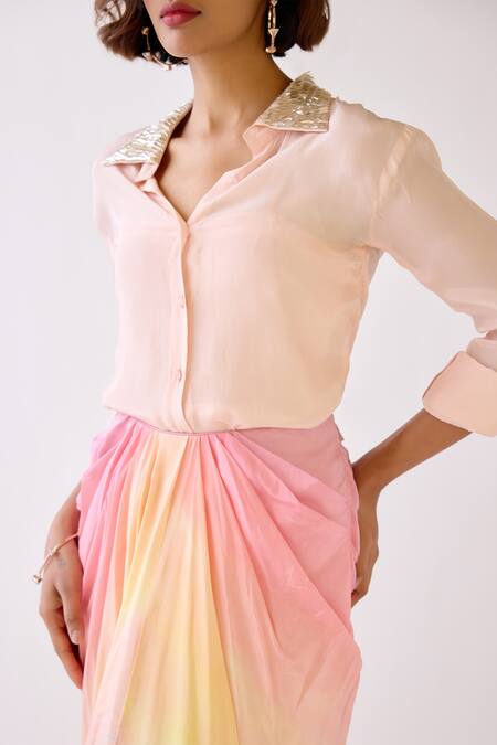 Buy_Basanti - Kapde Aur Koffee_Pink Crepe Sequins Collared Shirt With Ombre Draped Skirt_Online_at_Aza_Fashions