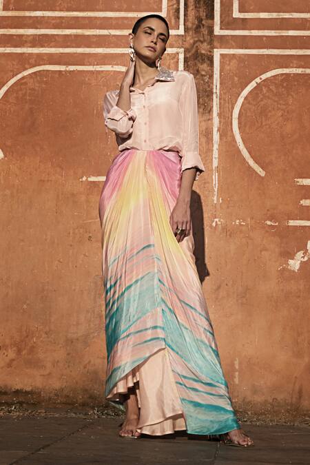 Shop_Basanti - Kapde Aur Koffee_Pink Crepe Sequins Collared Shirt With Ombre Draped Skirt