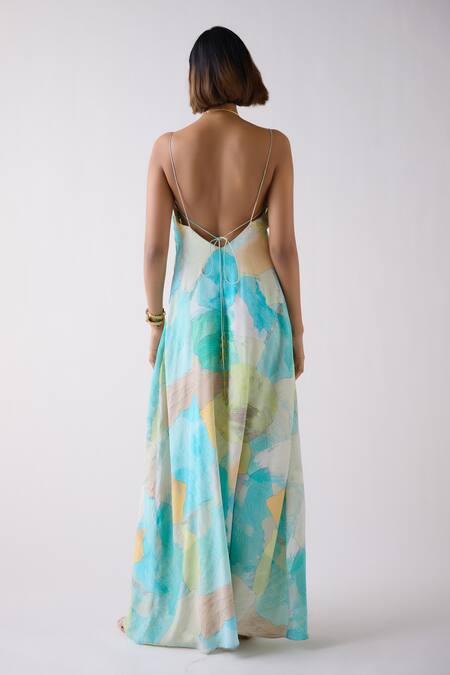 Shop Basanti - Kapde Aur Koffee Blue Crepe Sweetheart Neck Abstract Pattern Gown at Aza Fashions Shop_Basanti - Kapde Aur Koffee_Blue Crepe Sweetheart Neck Abstract Pattern Gown_at_Aza_Fashions