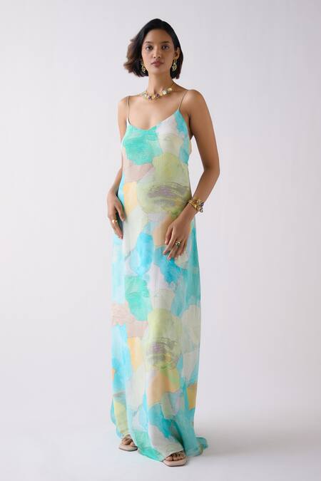 Buy Basanti - Kapde Aur Koffee Blue Crepe Sweetheart Neck Abstract Pattern Gown Online at Aza Fashions Buy_Basanti - Kapde Aur Koffee_Blue Crepe Sweetheart Neck Abstract Pattern Gown_Online_at_Aza_Fashions