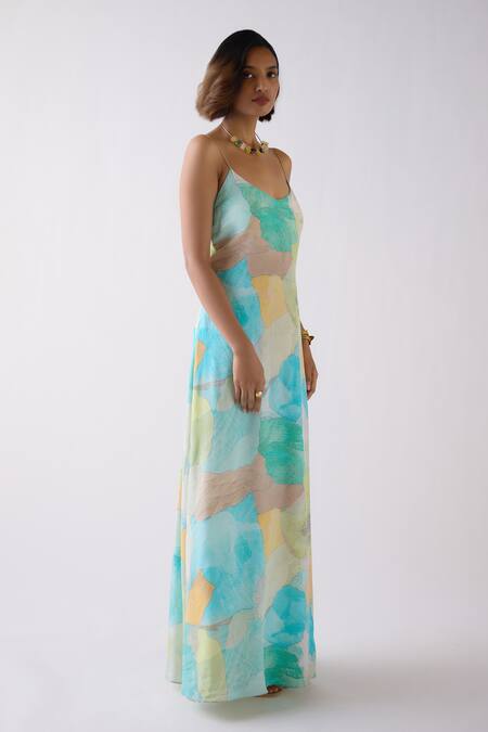 Shop Basanti - Kapde Aur Koffee Blue Crepe Sweetheart Neck Abstract Pattern Gown Online at Aza Fashions Shop_Basanti - Kapde Aur Koffee_Blue Crepe Sweetheart Neck Abstract Pattern Gown_Online_at_Aza_Fashions