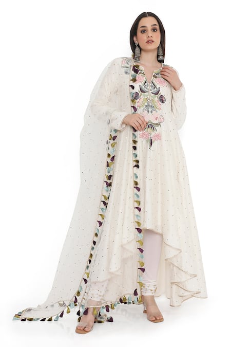 Buy_Payal Singhal_Ivory Muslin Metallic Thread, Zari Round Gul Embroidered High Low Anarkali Set _Online_at_Aza_Fashions
