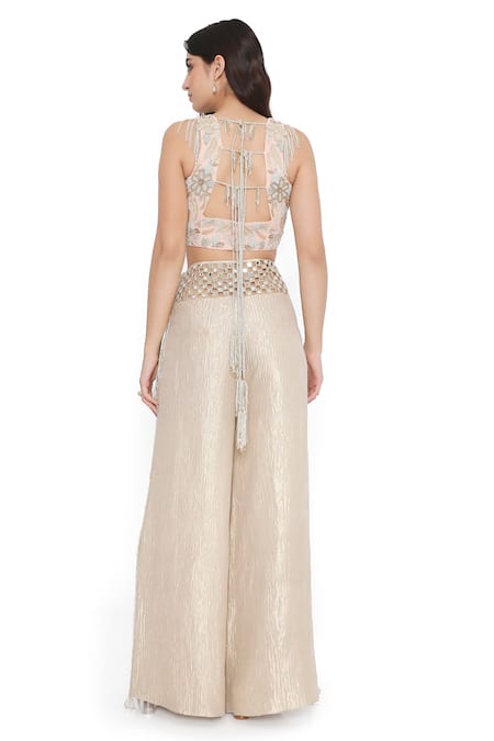 Payal Singhal_Pink Tissue, Georgette Mirrors Square Neck Bloom Embroidered Blouse With Palazzo _Online_at_Aza_Fashions