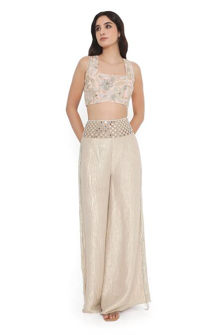 Buy_Payal Singhal_Pink Tissue, Georgette Mirrors Square Neck Bloom Embroidered Blouse With Palazzo _Online_at_Aza_Fashions