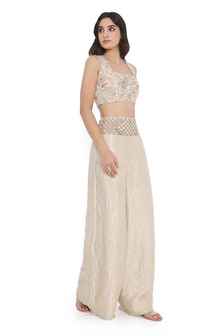 Shop_Payal Singhal_Pink Tissue, Georgette Mirrors Square Neck Bloom Embroidered Blouse With Palazzo _Online_at_Aza_Fashions