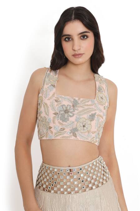 Payal Singhal_Pink Tissue, Georgette Mirrors Square Neck Bloom Embroidered Blouse With Palazzo _at_Aza_Fashions