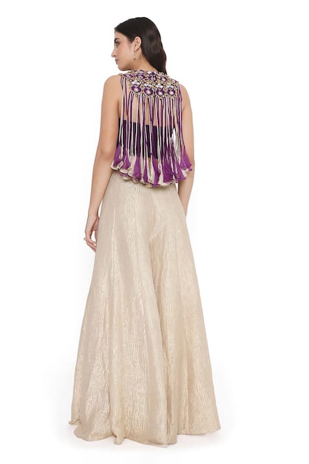 Payal Singhal Purple Satin, Tissue Fall Lily Bloom Embellished Bib Jacket Sharara Set Online at Aza Fashions Payal Singhal_Purple Satin, Tissue Fall Lily Bloom Embellished Bib Jacket Sharara Set _Online_at_Aza_Fashions