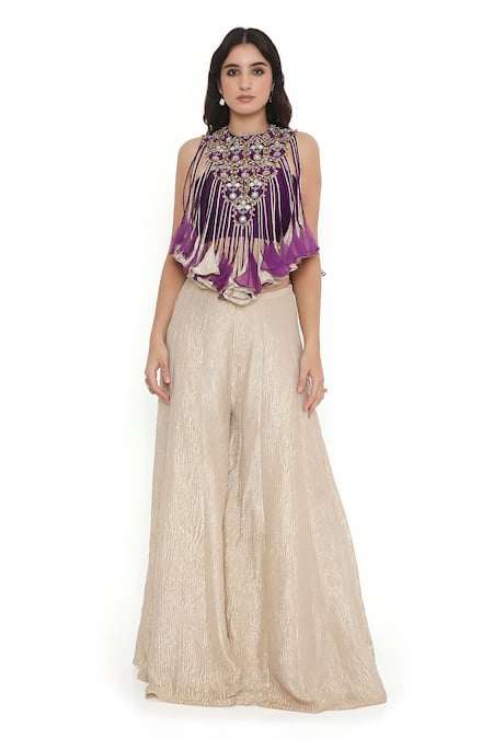 Buy Payal Singhal Purple Satin, Tissue Fall Lily Bloom Embellished Bib Jacket Sharara Set Online at Aza Fashions Buy_Payal Singhal_Purple Satin, Tissue Fall Lily Bloom Embellished Bib Jacket Sharara Set _Online_at_Aza_Fashions