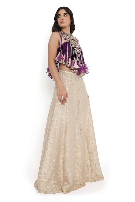 Shop Payal Singhal Purple Satin, Tissue Fall Lily Bloom Embellished Bib Jacket Sharara Set Online at Aza Fashions Shop_Payal Singhal_Purple Satin, Tissue Fall Lily Bloom Embellished Bib Jacket Sharara Set _Online_at_Aza_Fashions