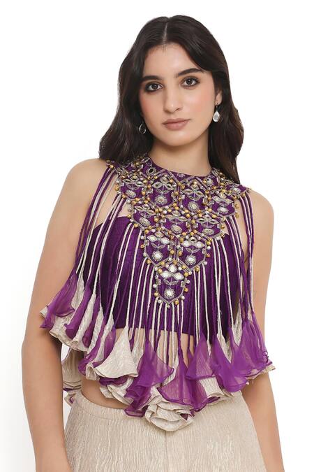 Payal Singhal Purple Satin, Tissue Fall Lily Bloom Embellished Bib Jacket Sharara Set at Aza Fashions Payal Singhal_Purple Satin, Tissue Fall Lily Bloom Embellished Bib Jacket Sharara Set _at_Aza_Fashions