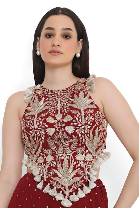 Shop_Payal Singhal_Maroon Georgette, Muslin Tassels Halter Ambrosia Embroidered Choli With Sharara _Online_at_Aza_Fashions