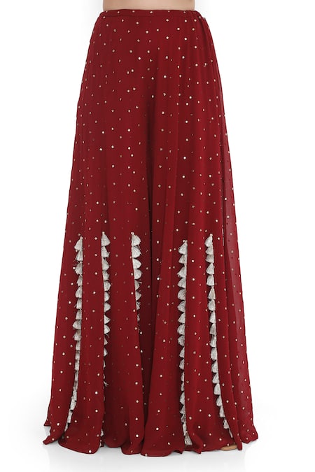 Payal Singhal_Maroon Georgette, Muslin Tassels Halter Ambrosia Embroidered Choli With Sharara _at_Aza_Fashions