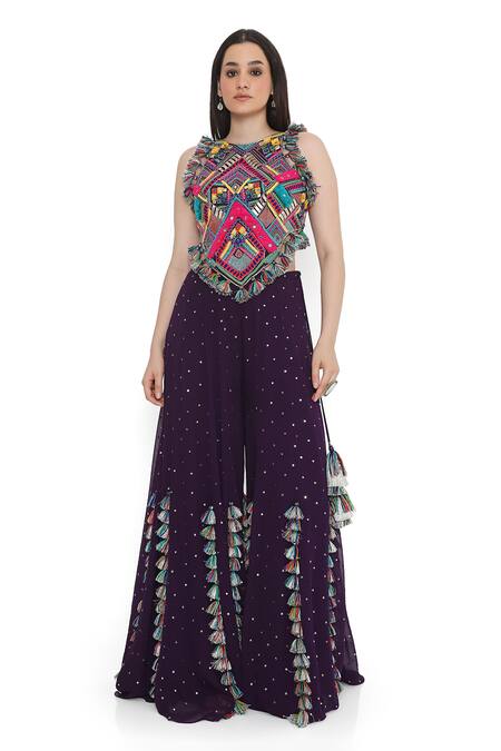 Buy_Payal Singhal_Purple Georgette, Muslin Tassels Tribe Vibe Embroidered Choli With Sharara _Online_at_Aza_Fashions