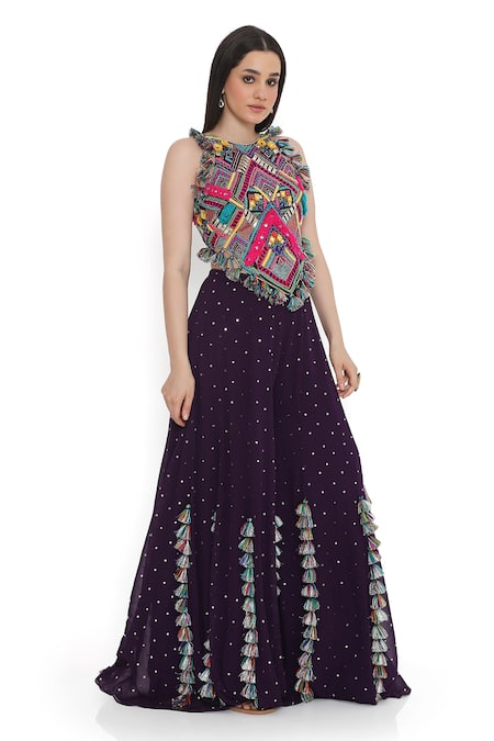 Shop_Payal Singhal_Purple Georgette, Muslin Tassels Tribe Vibe Embroidered Choli With Sharara _Online_at_Aza_Fashions