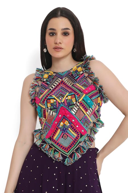 Payal Singhal_Purple Georgette, Muslin Tassels Tribe Vibe Embroidered Choli With Sharara _at_Aza_Fashions