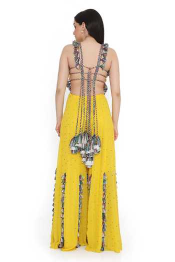 Payal Singhal Yellow Georgette Tassels Halter Bohemian Vibe Embroidered Choli With Sharara Online at Aza Fashions Payal Singhal_Yellow Georgette Tassels Halter Bohemian Vibe Embroidered Choli With Sharara _Online_at_Aza_Fashions