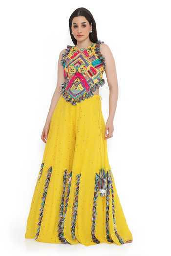 Buy Payal Singhal Yellow Georgette Tassels Halter Bohemian Vibe Embroidered Choli With Sharara Online at Aza Fashions Buy_Payal Singhal_Yellow Georgette Tassels Halter Bohemian Vibe Embroidered Choli With Sharara _Online_at_Aza_Fashions