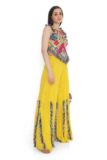 Shop Payal Singhal Yellow Georgette Tassels Halter Bohemian Vibe Embroidered Choli With Sharara Online at Aza Fashions Shop_Payal Singhal_Yellow Georgette Tassels Halter Bohemian Vibe Embroidered Choli With Sharara _Online_at_Aza_Fashions