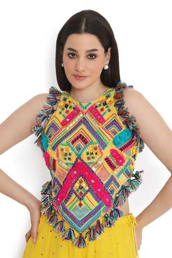 Payal Singhal Yellow Georgette Tassels Halter Bohemian Vibe Embroidered Choli With Sharara at Aza Fashions Payal Singhal_Yellow Georgette Tassels Halter Bohemian Vibe Embroidered Choli With Sharara _at_Aza_Fashions