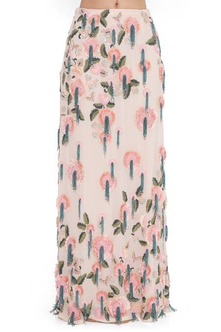 Payal Singhal_Pink Georgette Embroidery Bloom Garden Square Neck Blouse With Slit Skirt _at_Aza_Fashions