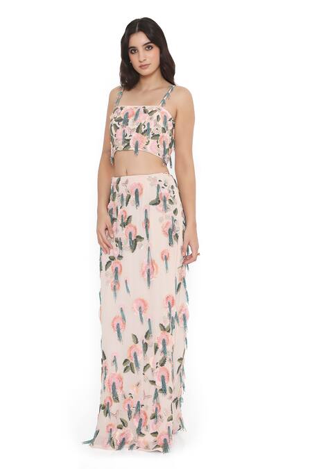Buy_Payal Singhal_Pink Georgette Embroidery Bloom Garden Square Neck Blouse With Slit Skirt 