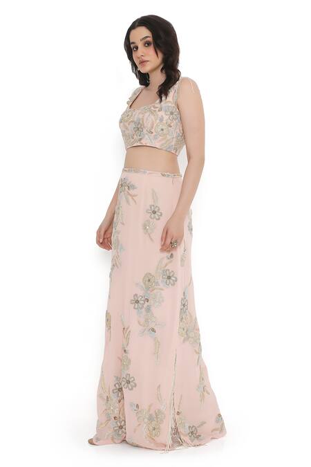 Shop Payal Singhal Pink Georgette Embroidery Blossom Square Neck Blouse With Skirt Online at Aza Fashions Shop_Payal Singhal_Pink Georgette Embroidery Blossom Square Neck Blouse With Skirt _Online_at_Aza_Fashions