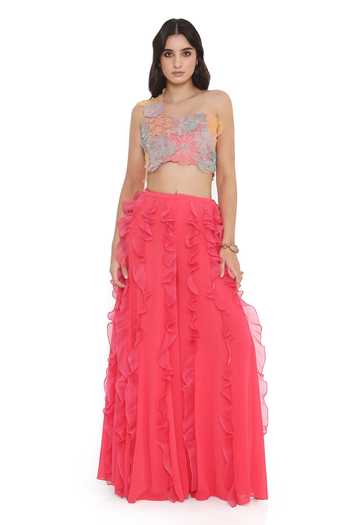 Buy Payal Singhal Pink Organza, Georgette Embroidery, Ruffles One 3d Flora Blouse With Sharara at Aza Fashions Buy_Payal Singhal_Pink Organza, Georgette Embroidery, Ruffles One 3d Flora Blouse With Sharara _at_Aza_Fashions