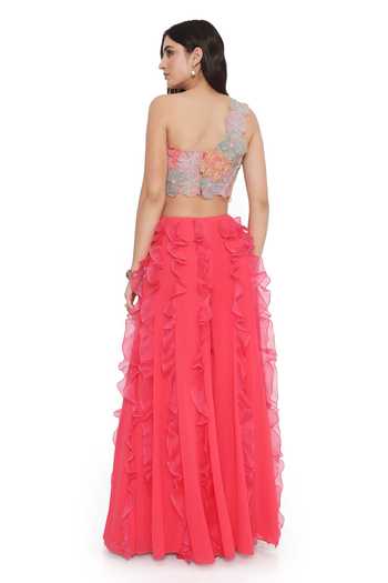 Payal Singhal Pink Organza, Georgette Embroidery, Ruffles One 3d Flora Blouse With Sharara Online at Aza Fashions Payal Singhal_Pink Organza, Georgette Embroidery, Ruffles One 3d Flora Blouse With Sharara _Online_at_Aza_Fashions