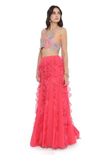 Buy Payal Singhal Pink Organza, Georgette Embroidery, Ruffles One 3d Flora Blouse With Sharara Online at Aza Fashions Buy_Payal Singhal_Pink Organza, Georgette Embroidery, Ruffles One 3d Flora Blouse With Sharara _Online_at_Aza_Fashions
