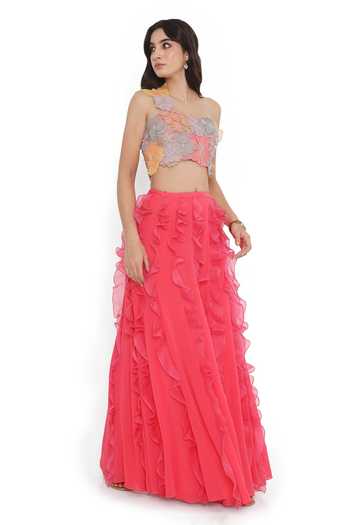 Shop Payal Singhal Pink Organza, Georgette Embroidery, Ruffles One 3d Flora Blouse With Sharara Online at Aza Fashions Shop_Payal Singhal_Pink Organza, Georgette Embroidery, Ruffles One 3d Flora Blouse With Sharara _Online_at_Aza_Fashions
