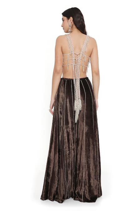 Payal Singhal Brown Velvet Beads, Piping Halter Neck Rosa Embroidered Choli With Sharara Online at Aza Fashions Payal Singhal_Brown Velvet Beads, Piping Halter Neck Rosa Embroidered Choli With Sharara _Online_at_Aza_Fashions
