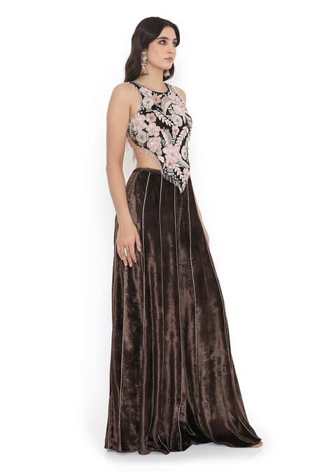 Buy Payal Singhal Brown Velvet Beads, Piping Halter Neck Rosa Embroidered Choli With Sharara Online at Aza Fashions Buy_Payal Singhal_Brown Velvet Beads, Piping Halter Neck Rosa Embroidered Choli With Sharara _Online_at_Aza_Fashions
