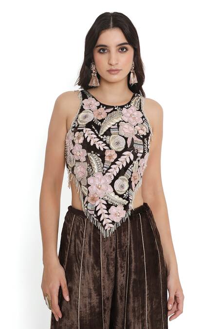 Shop Payal Singhal Brown Velvet Beads, Piping Halter Neck Rosa Embroidered Choli With Sharara Online at Aza Fashions Shop_Payal Singhal_Brown Velvet Beads, Piping Halter Neck Rosa Embroidered Choli With Sharara _Online_at_Aza_Fashions