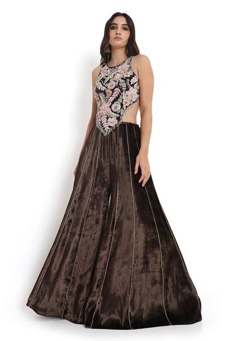 Buy Payal Singhal Brown Velvet Beads, Piping Halter Neck Rosa Embroidered Choli With Sharara Buy_Payal Singhal_Brown Velvet Beads, Piping Halter Neck Rosa Embroidered Choli With Sharara