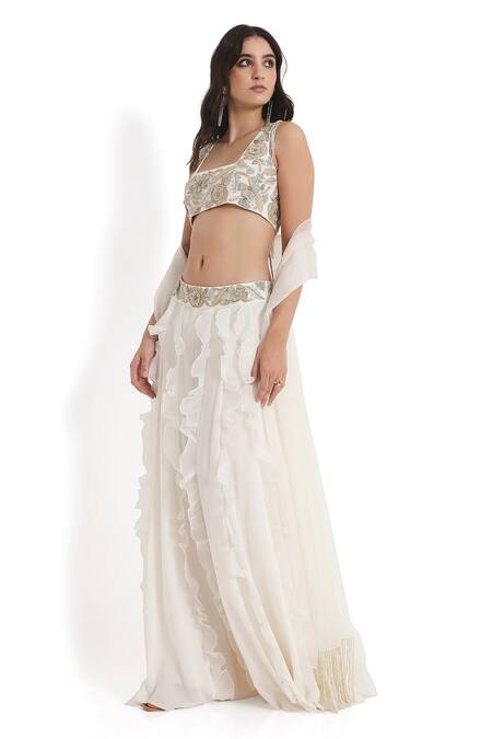 Shop_Payal Singhal_Off White Square Neck Lily Bloom Embroidered Choli Ruffled Sharara Set _Online_at_Aza_Fashions