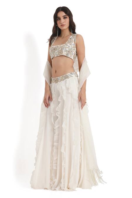 Payal Singhal_Off White Square Neck Lily Bloom Embroidered Choli Ruffled Sharara Set _at_Aza_Fashions