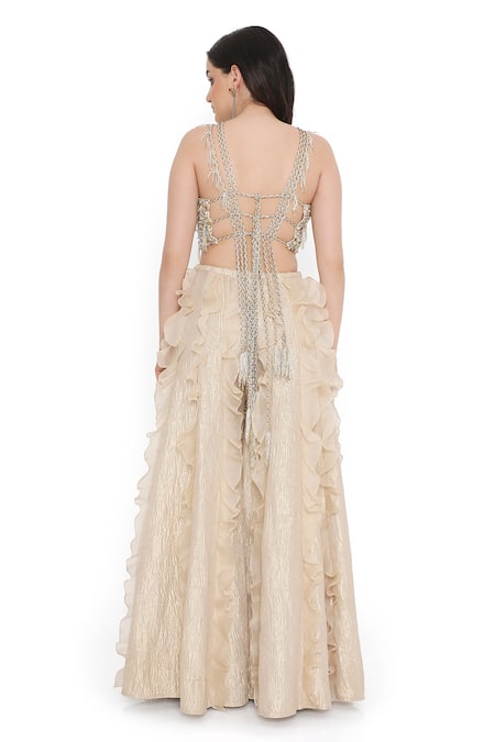 Payal Singhal Off White Tissue, Georgette Crystals, Pearls, And Embellished Choli With Sharara Online at Aza Fashions Payal Singhal_Off White Tissue, Georgette Crystals, Pearls, And Embellished Choli With Sharara _Online_at_Aza_Fashions