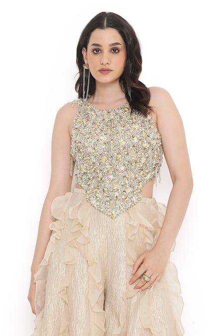 Shop Payal Singhal Off White Tissue, Georgette Crystals, Pearls, And Embellished Choli With Sharara Online at Aza Fashions Shop_Payal Singhal_Off White Tissue, Georgette Crystals, Pearls, And Embellished Choli With Sharara _Online_at_Aza_Fashions