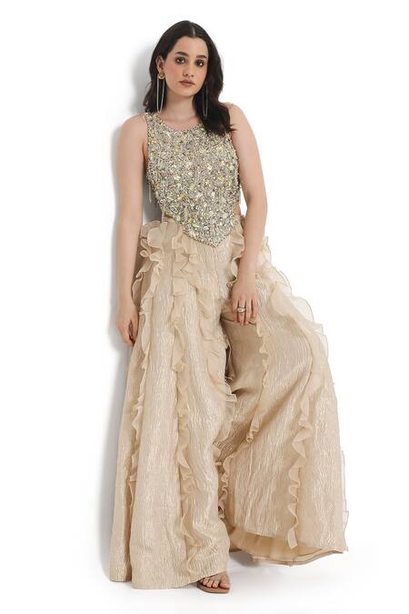 Buy Payal Singhal Off White Tissue, Georgette Crystals, Pearls, And Embellished Choli With Sharara Buy_Payal Singhal_Off White Tissue, Georgette Crystals, Pearls, And Embellished Choli With Sharara