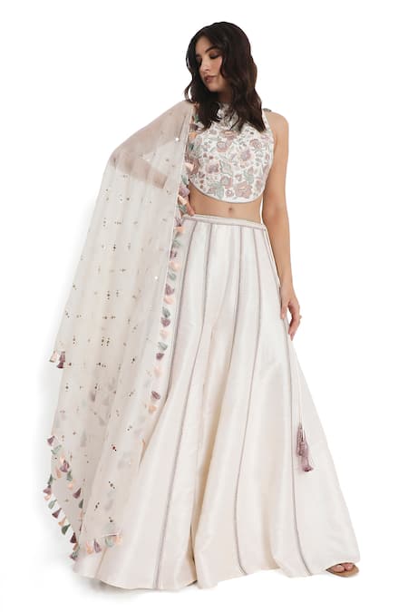 Buy_Payal Singhal_Off White Silk Embroidery Halter Neck Petal Bloom Choli With Sharara 