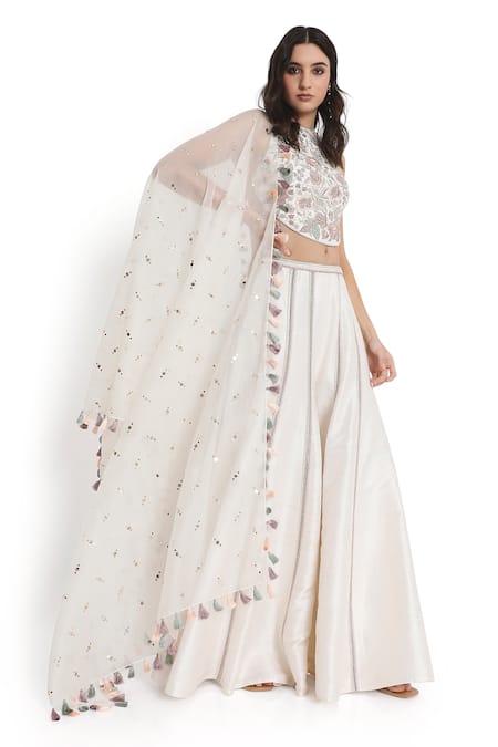 Shop_Payal Singhal_Off White Silk Embroidery Halter Neck Petal Bloom Choli With Sharara 