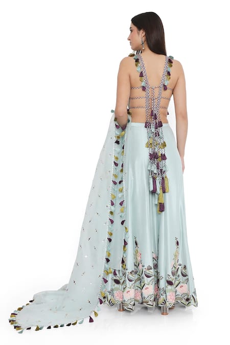 Payal Singhal_Blue Silk Tassels Halter Neck Padma Garden Embroidered Choli Sharara Set _Online_at_Aza_Fashions