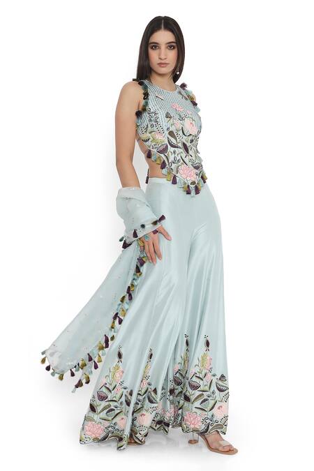 Buy_Payal Singhal_Blue Silk Tassels Halter Neck Padma Garden Embroidered Choli Sharara Set _Online_at_Aza_Fashions